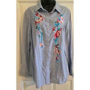 Chadwicks Embroidered Roses‎ Flowers Blue White Striped Soft Shirt Size Large